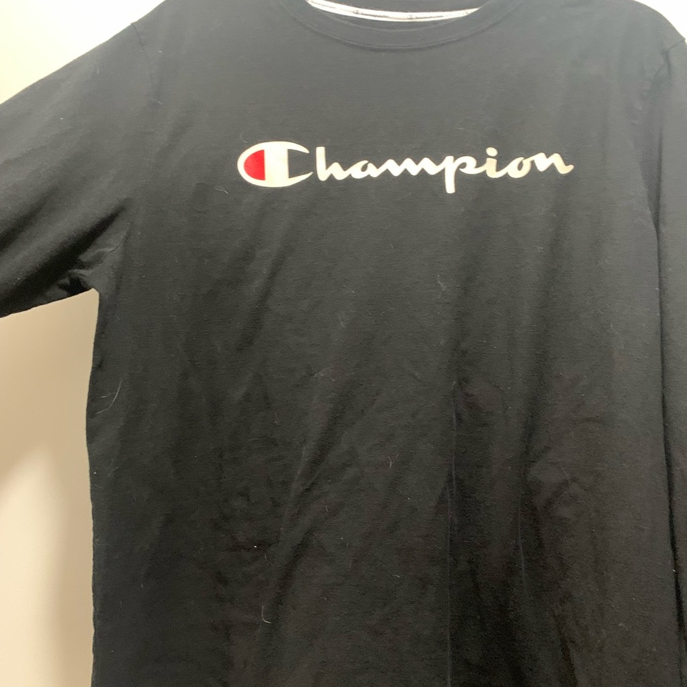 Champion Black Tee with White Script and Red Emblem